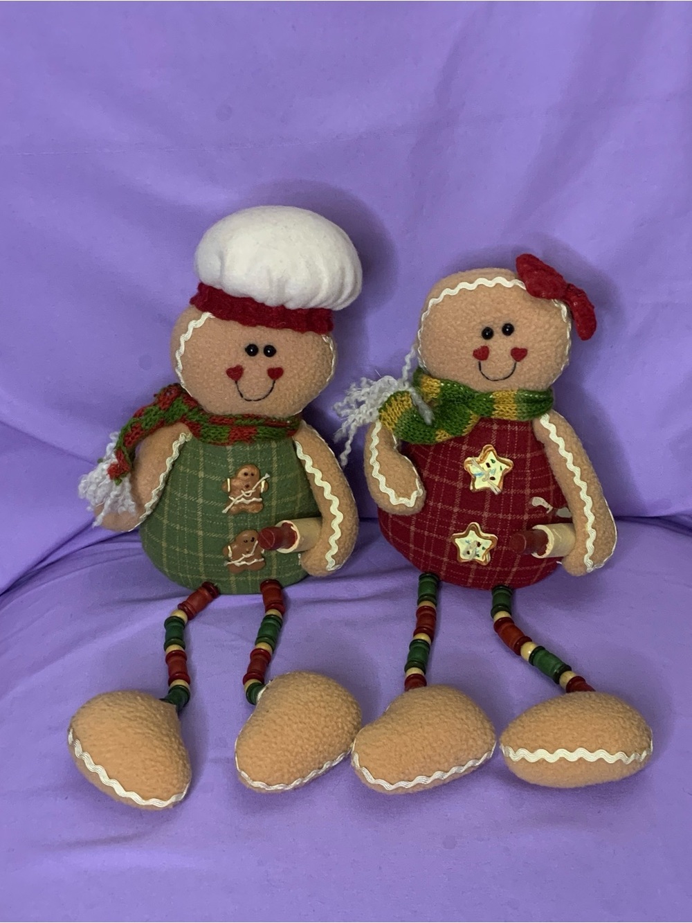 Festive Gingerbread Couple Plush Ornaments - Red & Green